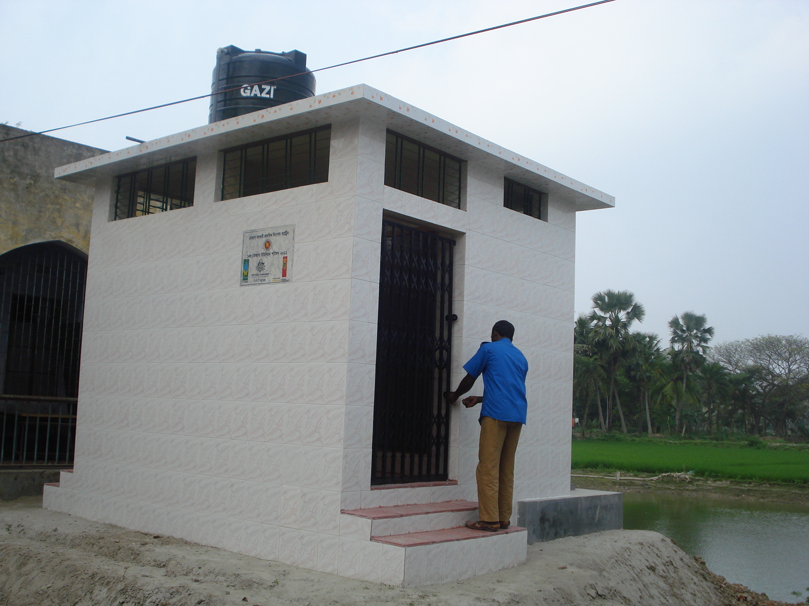 Front view of climate resilient raised school latrine (Two Chambers)